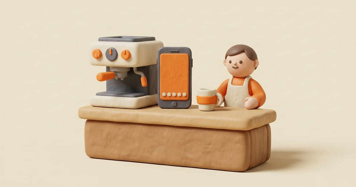 Mostrador de cafetería con el pase naranja en el celular, ilustración de Forja