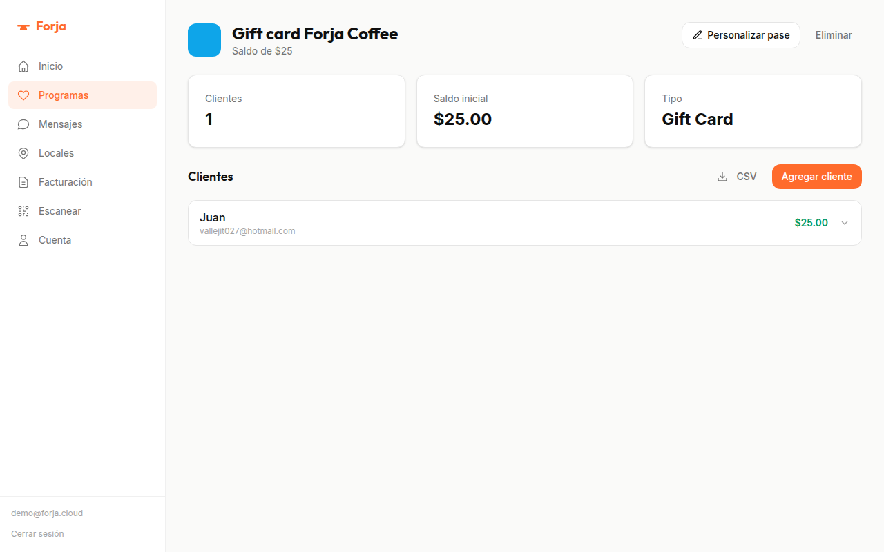 Gift card con saldo inicial de $25 y cliente registrado