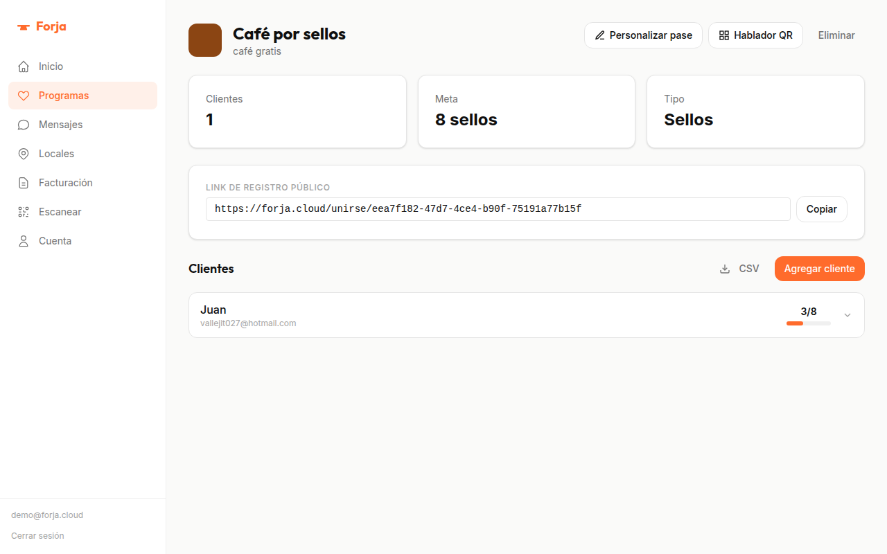 Programa de sellos con meta de 8 sellos y progreso del cliente